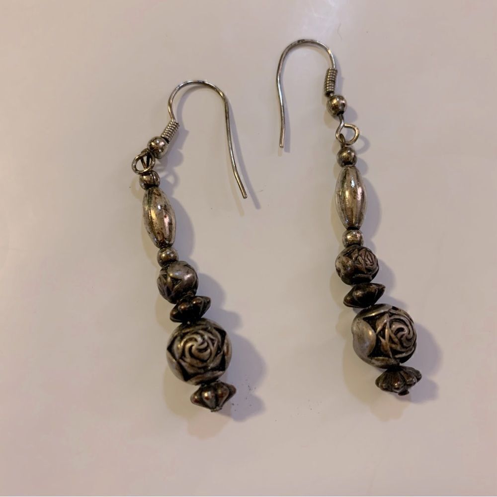 Silver Drop Dangle Rose Bead Piercedearrings 2.25… - image 4